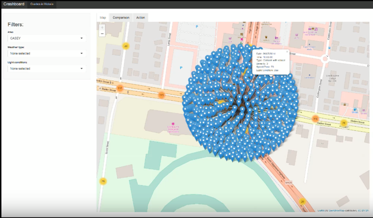 Screenshot of crash clusters on map area in City of Casey